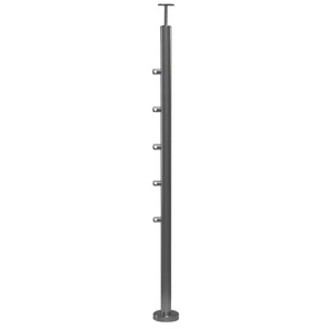 Poteau inox avec ancrage au sol, tube rond, rosace de couverture, 5 supports de barre traversante (Ø12 mm) et support de main courante (AISI 316), différentes dimensions
