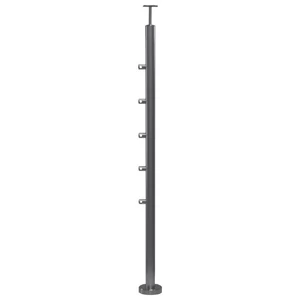 Poteau inox avec ancrage au sol, tube rond, rosace de couverture, 5 supports de barre traversante (Ø12 mm) et support de main courante avec joint (AISI 304), différentes dimensions