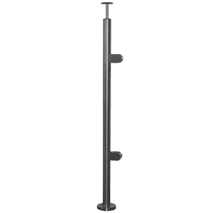 Poteau inox avec ancrage au sol, tube rond, rosace de couverture, 2 pinces à verre et support de main courante (AISI 316)