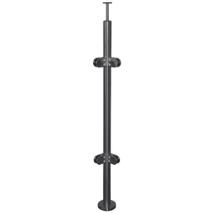 Poteau inox avec ancrage au sol, tube rond, rosace de couverture, 4 pinces à verre et support de main courante (AISI 304), différentes dimensions
