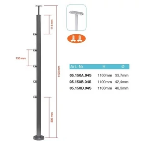 Poteau inox avec ancrage au sol, tube rond, rosace de couverture, 5 supports de barre traversante (Ø10 mm) et support de main courante avec joint (AISI 304), différentes dimensions