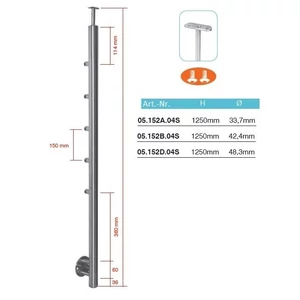 Poteau inox avec ancrage mural, tube rond, 5 supports de barre traversante (Ø12 mm) et support de main courante (AISI 304), différentes dimensions