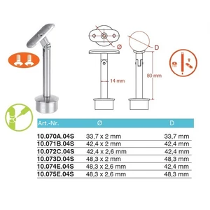Support de main courante rond, pour tube rond, articulé, inox (AISI 304), différentes dimensions