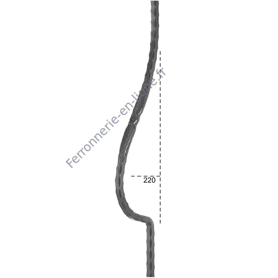 Barreau de balcon, barreau galbé design moderne en fer forgé, profil carré martelé