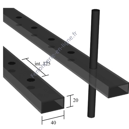 Tube rectangulaire perforé 40x20x2mm, différentes dimensions de trous