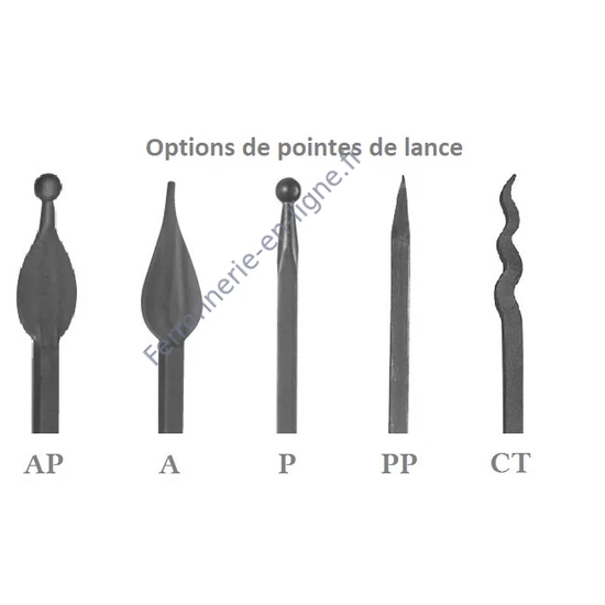 Barreau en fer forgé, profil carré forgé, différentes dimensions et pointes de lance