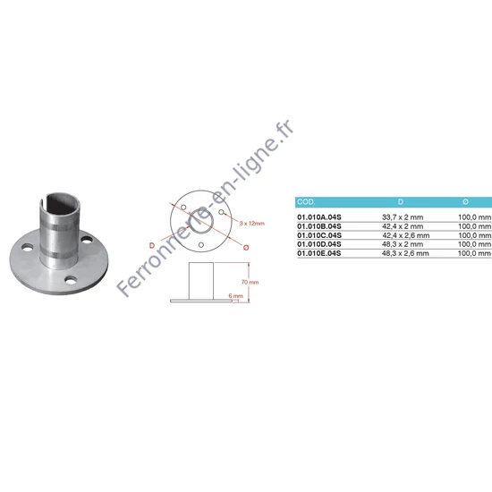 Platine murale, inox (AISI 304), différentes dimensions