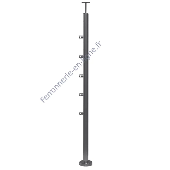 Poteau inox avec ancrage au sol, tube rond, rosace de couverture, 5 supports de barre traversante (Ø12 mm) et support de main courante (AISI 316), différentes dimensions