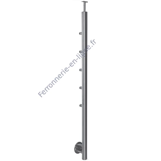 Poteau inox avec ancrage mural, tube rond, 5 support de barre transversale (Ø12mm) et support de main courante (AISI 304), différentes dimensions