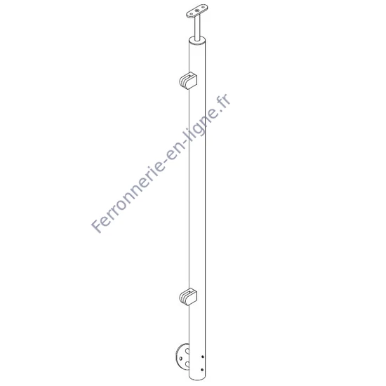 Poteau inox avec ancrage mural, tube rond, 2 pinces à verre et support de main courante (AISI 304), différentes dimensions