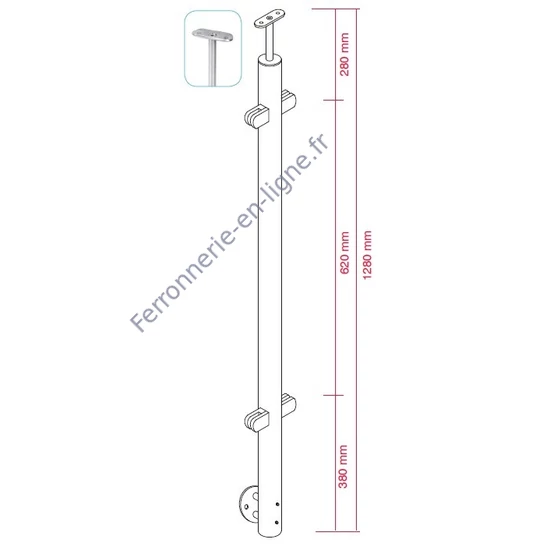 Poteau inox avec ancrage mural, tube rond, 4 pince à verres et support de main courante (AISI 316)