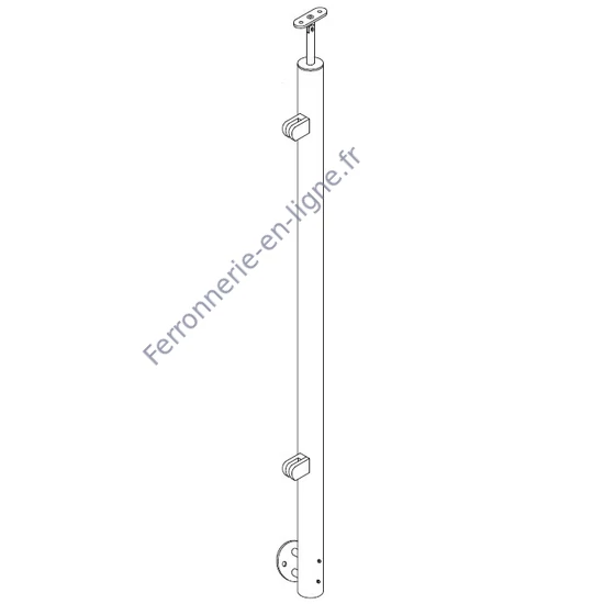 Poteau inox fin avec ancrage mural, en 2 pinces à verre et support de main courante avec joint (AISI 316)