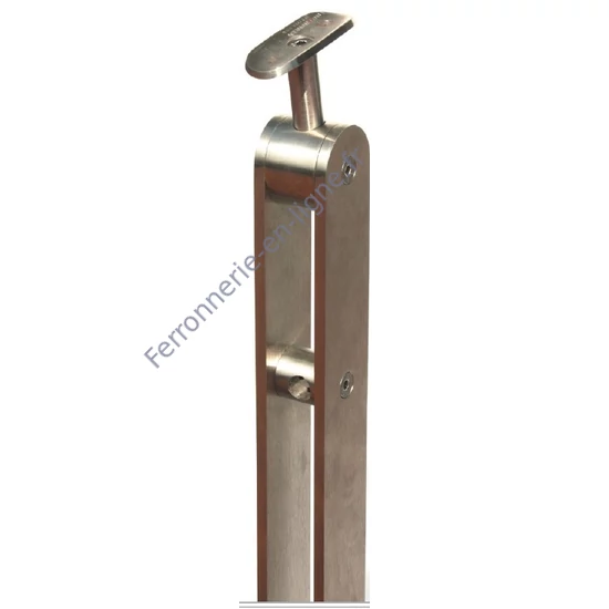 Poteau inox avec ancrage au sol, supports de barre traversante intérieure (Ø12) et support de main courante articulé, acier inoxydable (AISI 304), différentes dimensions