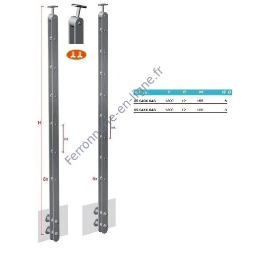 Poteau inox avec ancrage mural, supports de barre traversante intérieure (Ø12) et support de main courante articulé, acier inoxydable (AISI 304), différentes dimensions