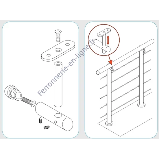 Support de main courante pour tube carré, à fixer sur tube rond, réglable en hauteur, inox (AISI 304), différentes dimensions