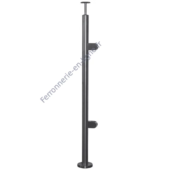 Poteau inox avec ancrage au sol, tube rond, rosace de couverture, 2 pinces à verre et support de main courante (AISI 316)