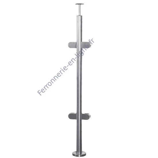 Poteau inox avec ancrage au sol, tube rond, rosace de couverture, 4 pinces à verre et support de main courante (AISI 304), différentes dimensions