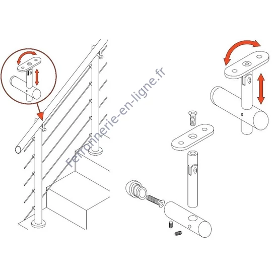 Support de main courante pour tube carré, à fixer sur tube rond, réglable en hauteur, articulé, inox (AISI 304), différentes dimensions