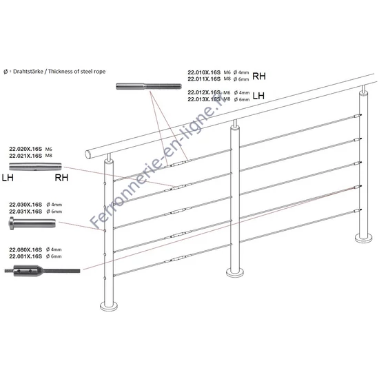 Embout fileté pour câble inox (AISI 316), différentes dimensions