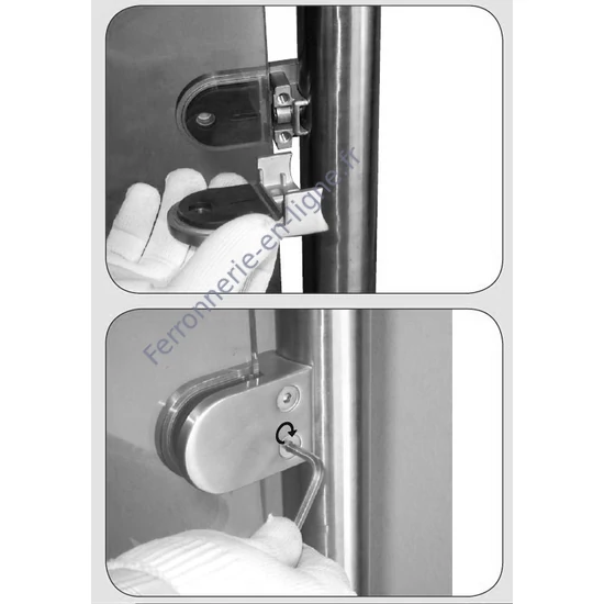 Poteau inox avec ancrage au sol, tube rond, rosace de couverture, 2 pinces à verre et support de main courante (AISI 316)