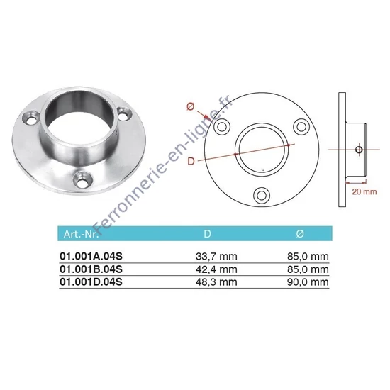 Platine murale, inox (AISI 304), différentes dimensions