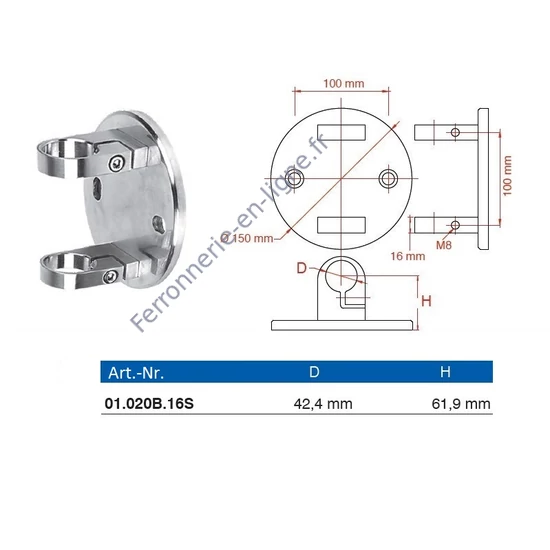 Platine de fixation laterale, inox (AISI 316)