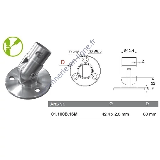 Platine murale orientable, inox (AISI 316), poli miroir