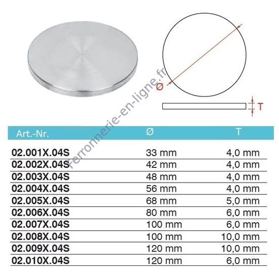 Platine ronde, inox (AISI 304), différentes dimensions