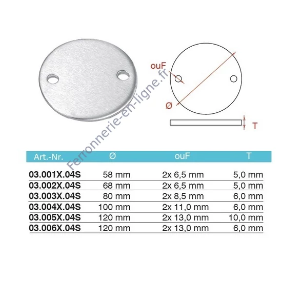 Platine ronde, inox (AISI 304), différentes dimensions