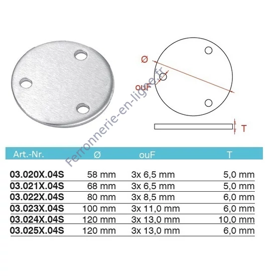 Platine ronde, inox (AISI 304), différentes dimensions