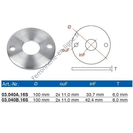 Platine ronde, inox (AISI 316), différentes dimensions