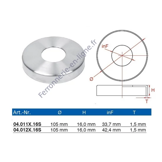 Rosace de couverture, inox (AISI 316), H16mm, différentes dimensions