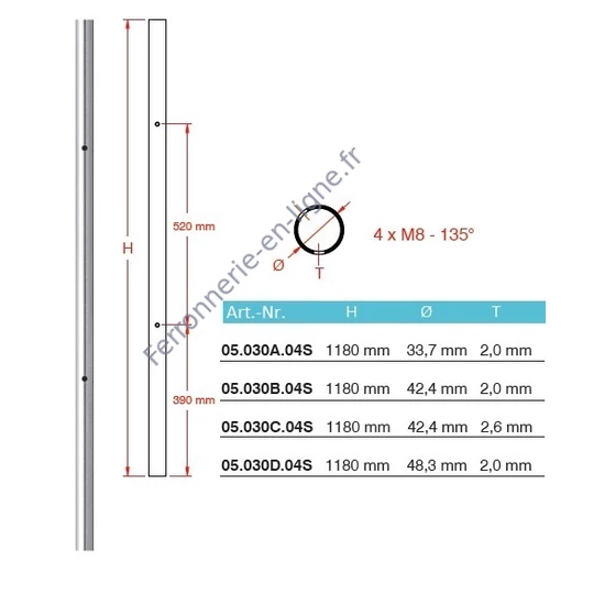 Poteau inox, tube rond, pré-percé pour pince à verre, 4 trous M8, 135° (AISI 304), différentes dimensions