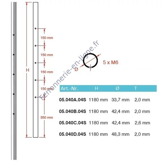 Poteau inox, tube rond, pré-percé pour support de traverse, avec 5 trous M6 (AISI 304), différentes dimensions