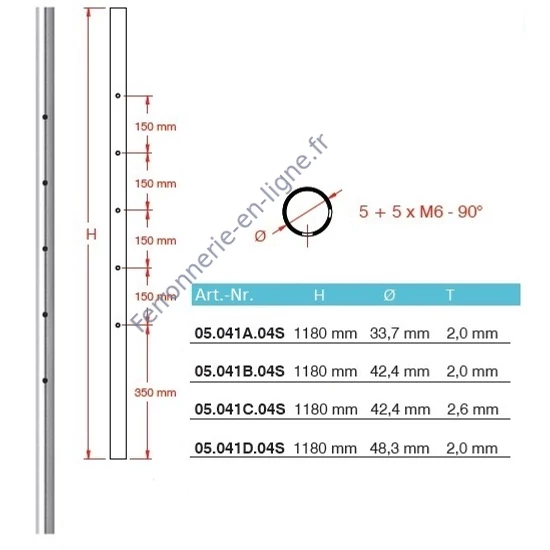 Poteau d'angle inox, tube rond pré-percé pour support de traverse, avec 5+5 trous M6 90° (AISI 304), différentes dimensions