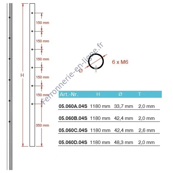 Poteau inox, tube rond, pré-percé pour support de barre traversante, avec 6+6 trous M6 180° (AISI 304), différentes dimensions