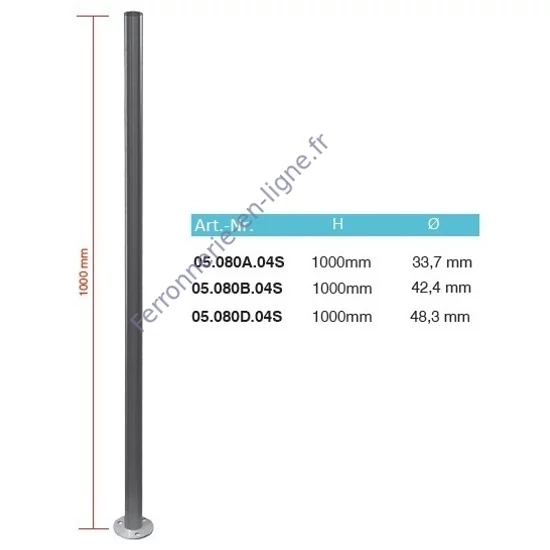 Poteau inox avec ancrage au sol, tube rond, (AISI 304), différentes dimensions