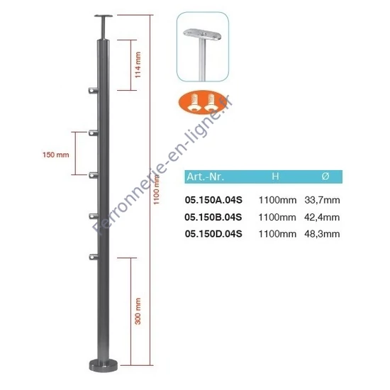 Poteau inox avec ancrage au sol, tube rond, rosace de couverture, 5 supports de barre traversante (Ø10 mm) et support de main courante avec joint (AISI 304), différentes dimensions