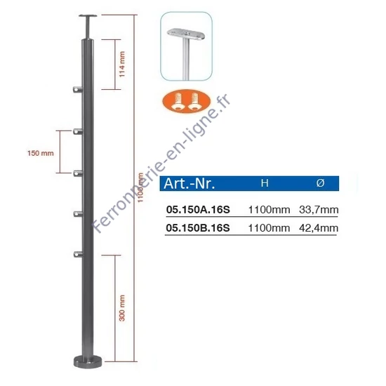 Poteau inox avec ancrage au sol, tube rond, rosace de couverture, 5 supports de barre traversante (Ø12 mm) et support de main courante (AISI 316), différentes dimensions