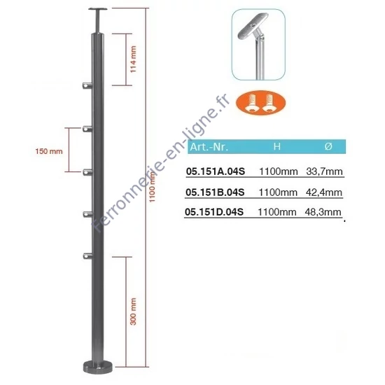 Poteau inox avec ancrage au sol, tube rond, rosace de couverture, 5 supports de barre traversante (Ø12 mm) et support de main courante avec joint (AISI 304), différentes dimensions