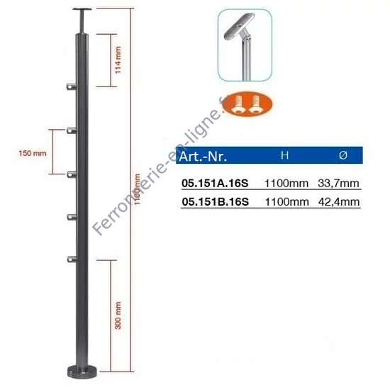 Poteau inox avec ancrage au sol, tube rond, rosace de couverture, 5 supports de barre traversante (Ø12 mm) et support de main courante avec joint (AISI 316), différentes dimensions