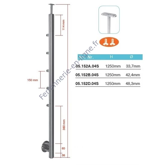 Poteau inox avec ancrage mural, tube rond, 5 support de barre transversale (Ø12mm) et support de main courante (AISI 304), différentes dimensions