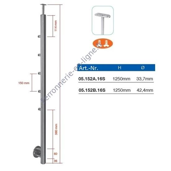 Poteau inox avec ancrage mural, tube rond, 5 supports de barre traversante (Ø12 mm) et support de main courante (AISI 316), différentes dimensions