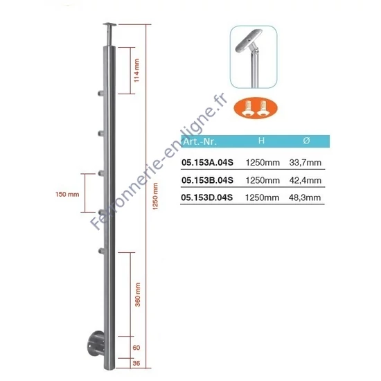 Poteau inox avec ancrage mural, tube rond 5 supports de barre traversante (Ø12 mm) et support de main courante avec joint (AISI 304), différentes dimensions