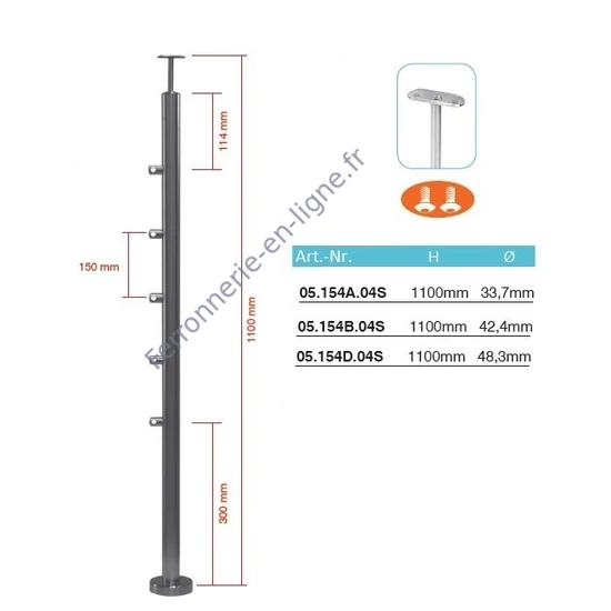 Poteau inox avec ancrage au sol, tube rond, rosace de couverture, 5 supports de barre traversante (Ø10 mm) et support de main courante (AISI 304), différentes dimensions