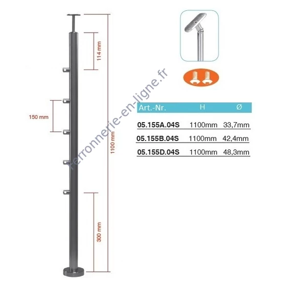 Poteau inox avec ancrage au sol, tube rond, rosace de couverture, 5 supports de barre traversante (Ø10 mm) et support de main courante avec joint (AISI 304), différentes dimensions
