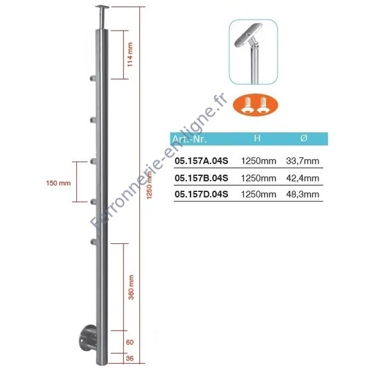 Poteau inox avec ancrage mural, tube rond, 5 supports de barre traversante (Ø10 mm) et support de main courante (AISI 304), différentes dimensions