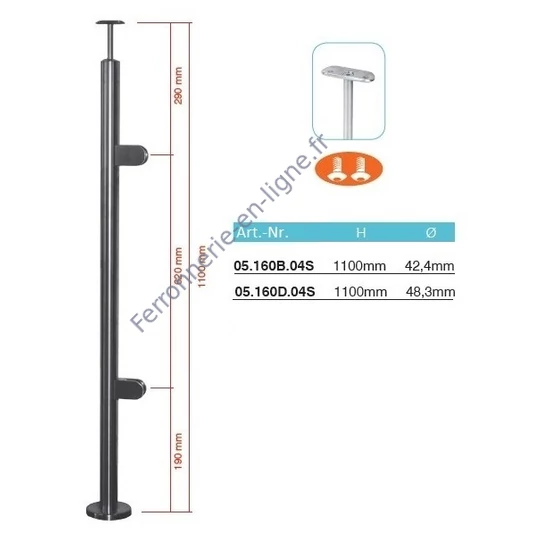 Poteau inox fin avec ancrage au sol, tube rond, rosace de couverture, 2 pinces à verre et support de main courante (AISI 304), différentes dimensions