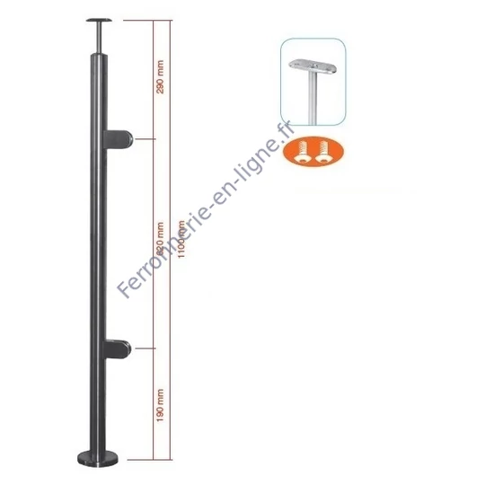 Poteau inox avec ancrage au sol, tube rond, rosace de couverture, 2 pinces à verre et support de main courante (AISI 316)