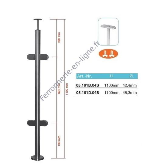 Poteau inox avec ancrage au sol, tube rond, rosace de couverture, 4 pinces à verre et support de main courante (AISI 304), différentes dimensions